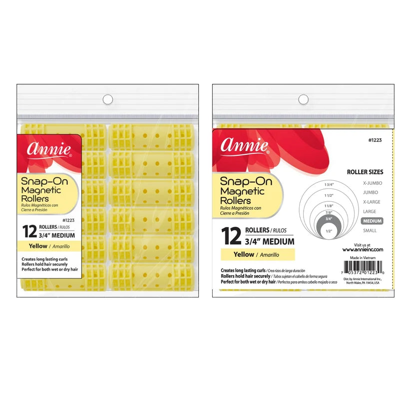 Annie Snap-On Magnetic Hair Rollers 3/4 Inch Medium, 12 Count, Yellow