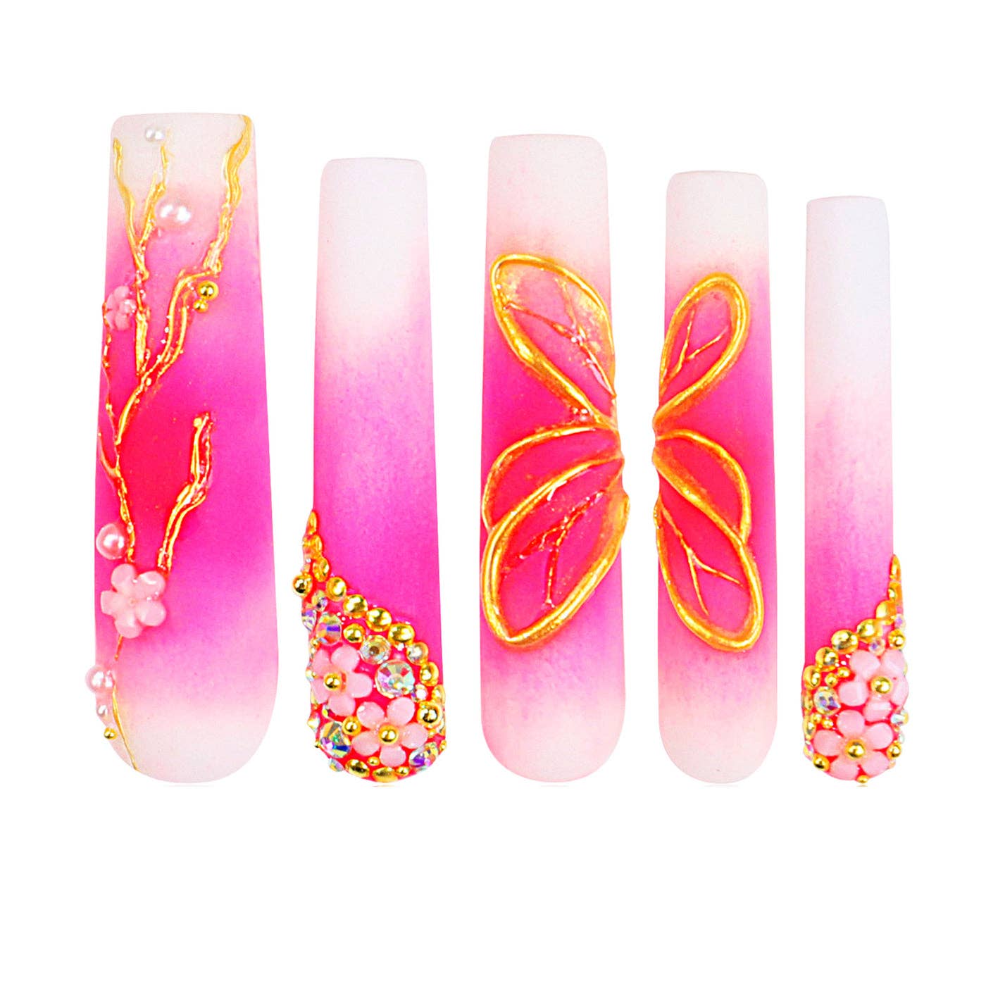 LOVFUL Cherry Blossom Handmade Reusable Full Cover Press on Nails H124: M / Long / Square