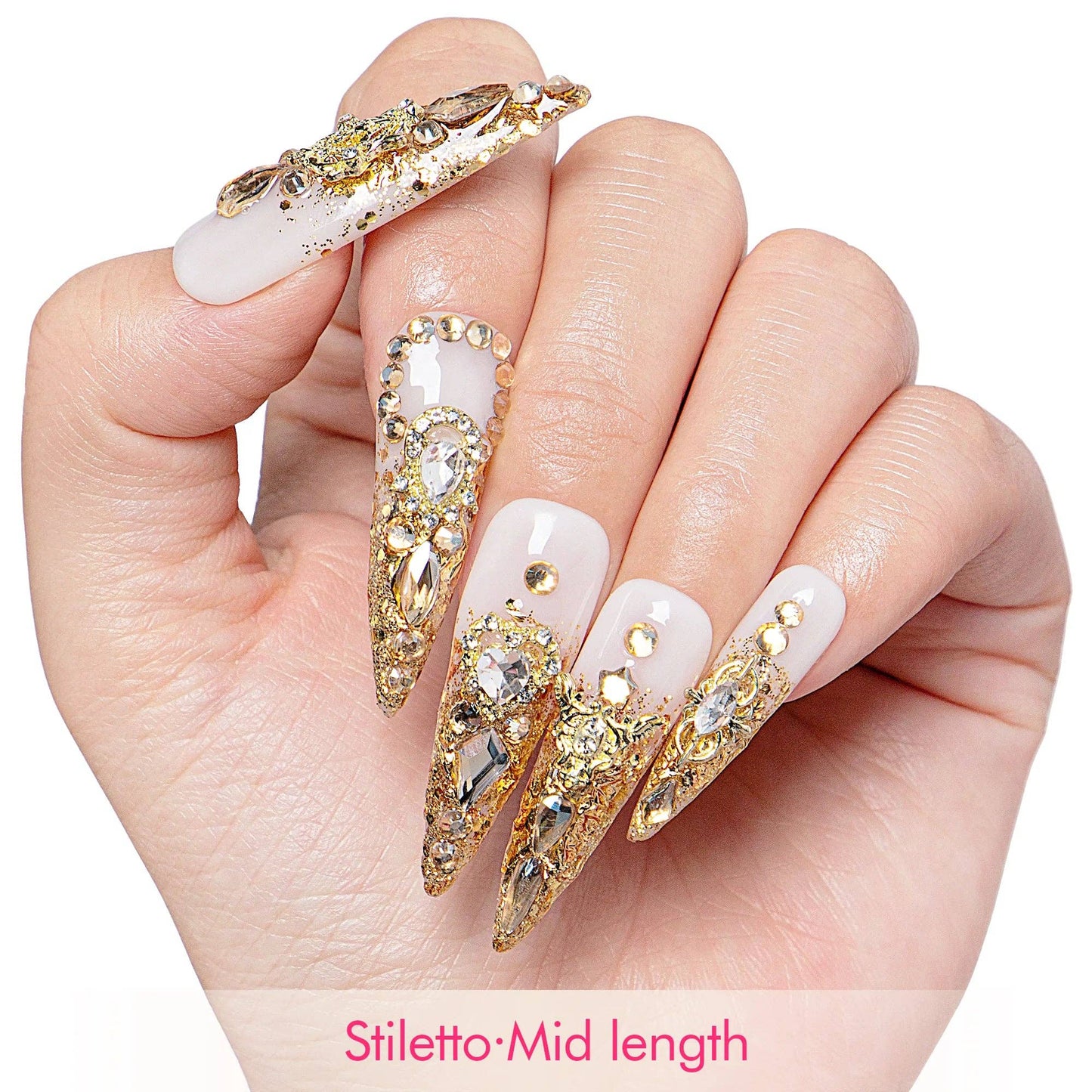 LOVFUL Golden Gala Handmade Reusable Full Cover Press on Nails H240: S / Mid Length / Stiletto
