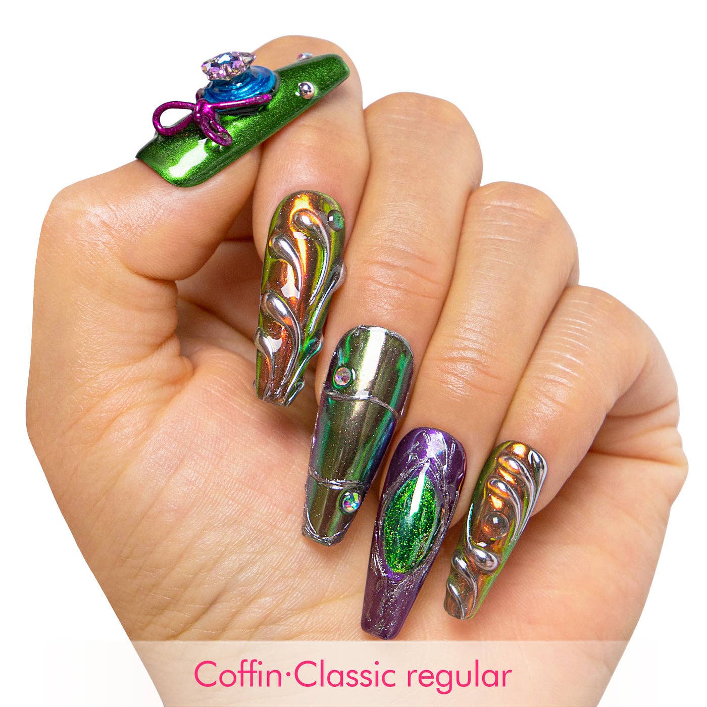 LOVFUL Chrome Couture Stellar Muse Handmade Reusable Full Cover Press on Nails H463: S / Classic / Coffin