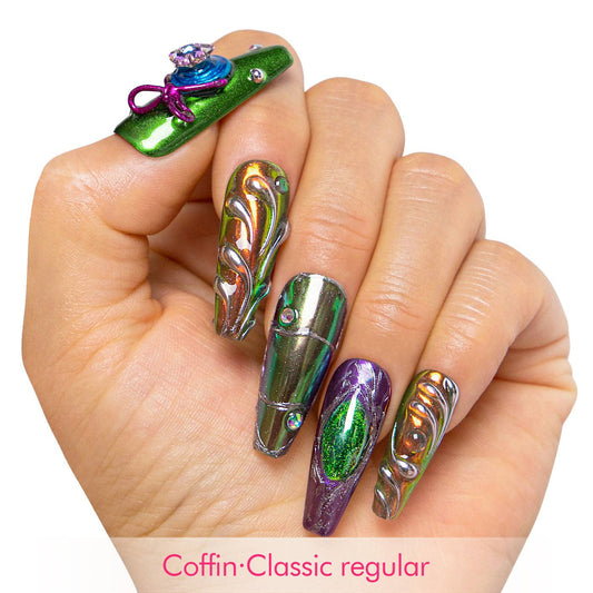 LOVFUL Chrome Couture Stellar Muse Handmade Reusable Full Cover Press on Nails H463: S / Classic / Coffin