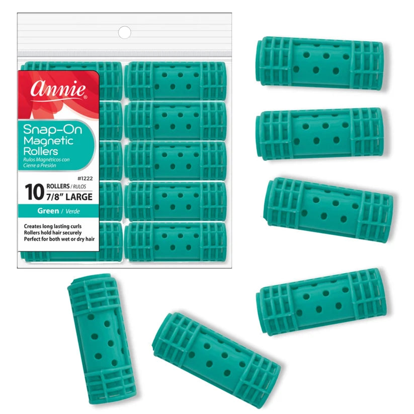 Annie Snap-On Magnetic Hair Rollers 7/8 Inch Large, 10 Count, Green