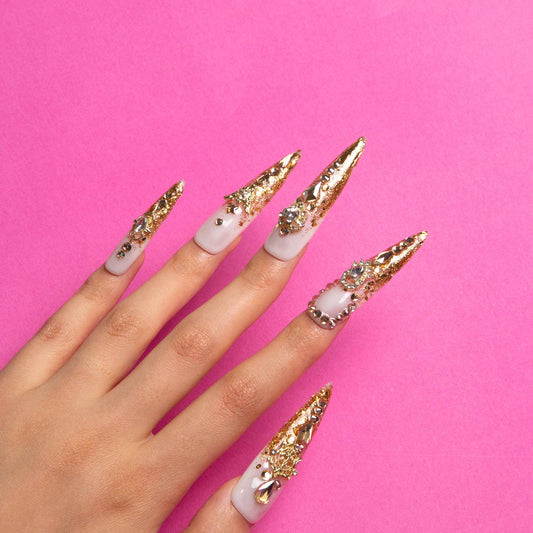 LOVFUL Golden Gala Handmade Reusable Full Cover Press on Nails H240: S / Mid Length / Stiletto