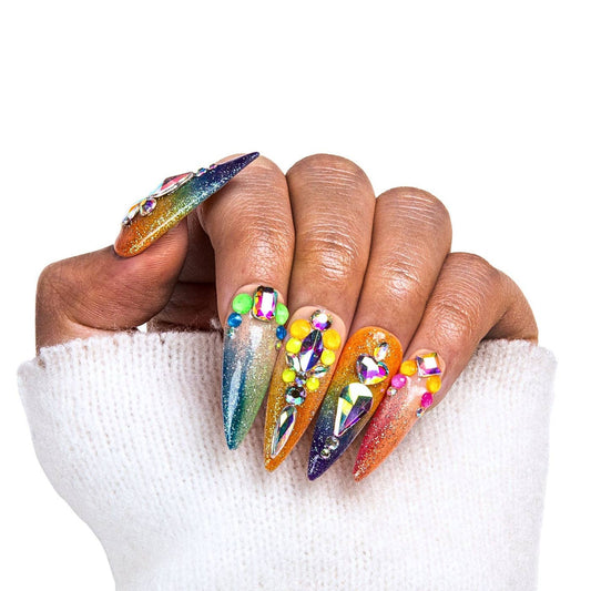 LOVFUL Rainbow Glass Handmade Reusable Full Cover Press on Nails H252: M / Mid Length / Stiletto