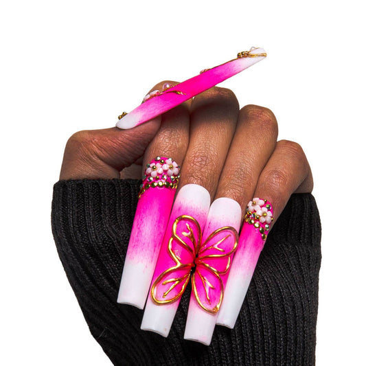 LOVFUL Cherry Blossom Handmade Reusable Full Cover Press on Nails H124: M / Long / Square