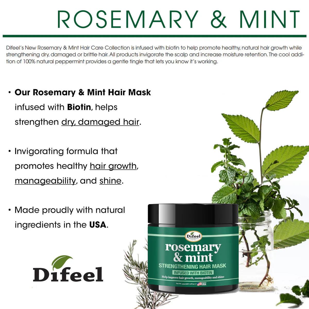 DIFEEL ROSEMARY AND MINT STRENGTHENING HAIR MASK WITH BIOTIN 12 OZ.