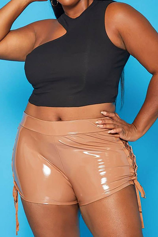 Plus Size Cross Lace Trim PU Leather Shorts Tan