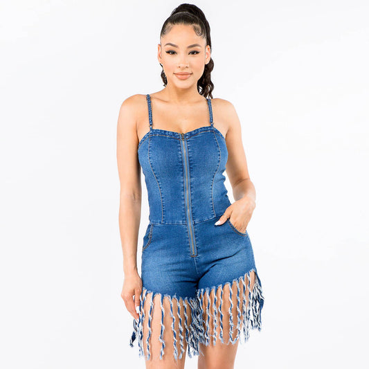 SHORT DENIM ROMPER WITH FRINGES-AJR20370