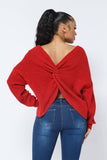 Twist Open Back Loose Fit V Neck Long Sleeve Cozy Sweater