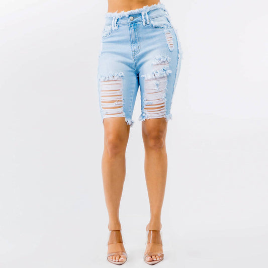 PLUS SIZE 2X HIGH WAIST FRAYED EDGE DENIM SHORTS-RSS5479P