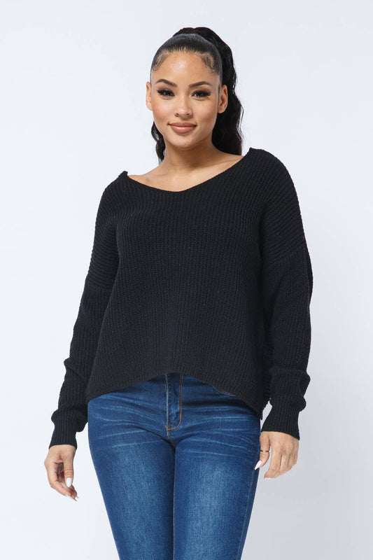 Twist Open Back Loose Fit V Neck Long Sleeve Cozy Sweater