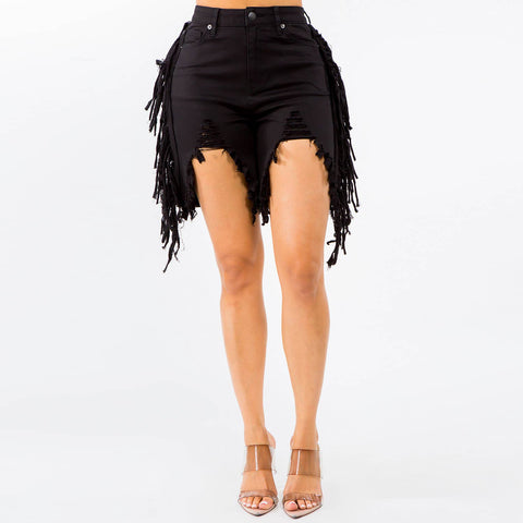 PLUS SIZE BLACK HIGH WAIST CUT OUT FRONT FRINGED SHORTS-RSS20396P