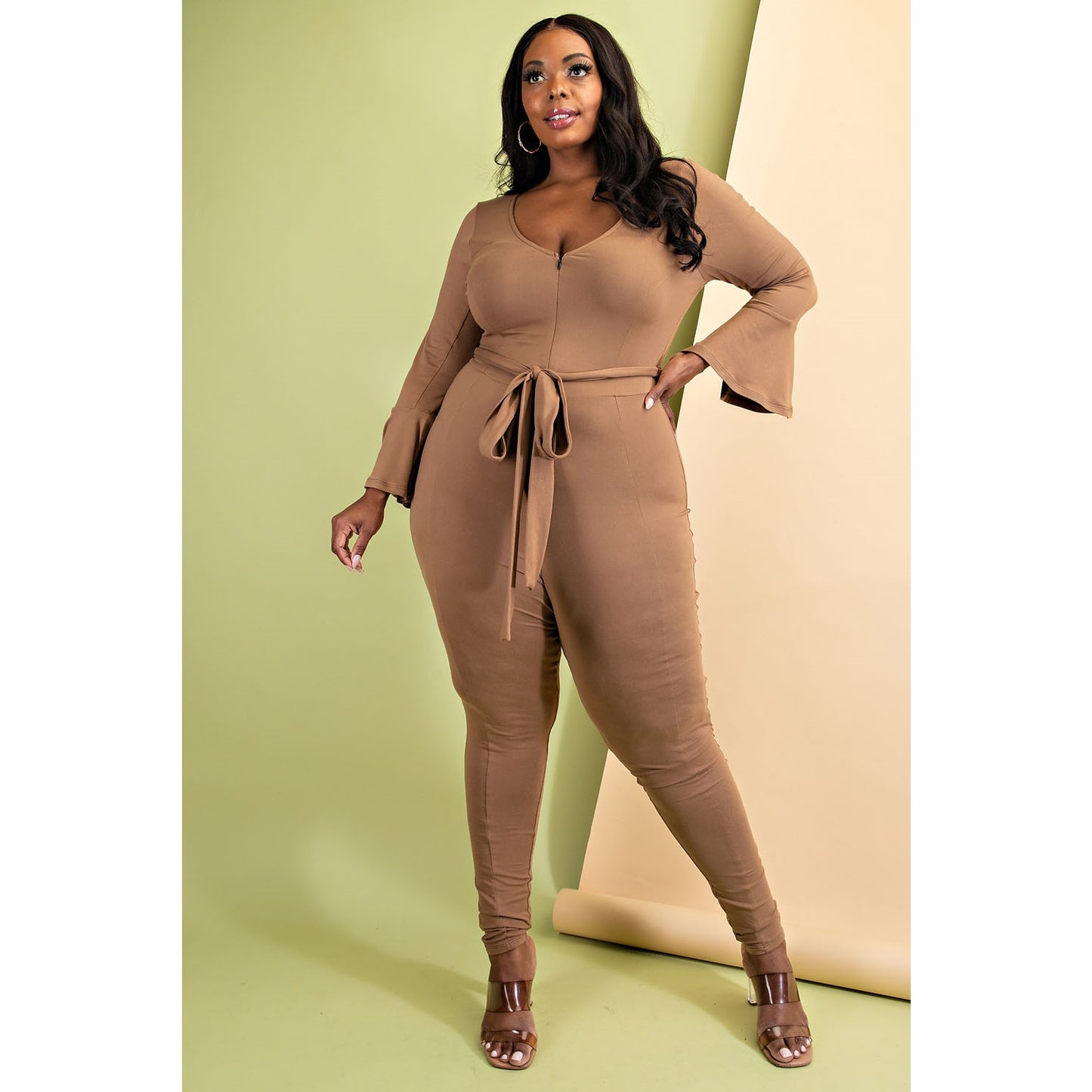 Plus Size Zip Front Bell Sleeve Jumpsuit