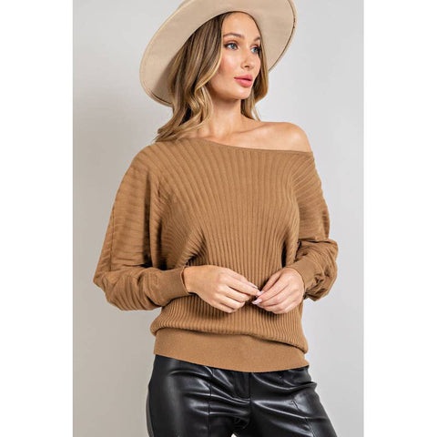BOAT NECK RIBBED KNIT SWEATER