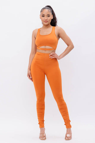 Front Cut Out Crop Top And Shirring Leggings Set