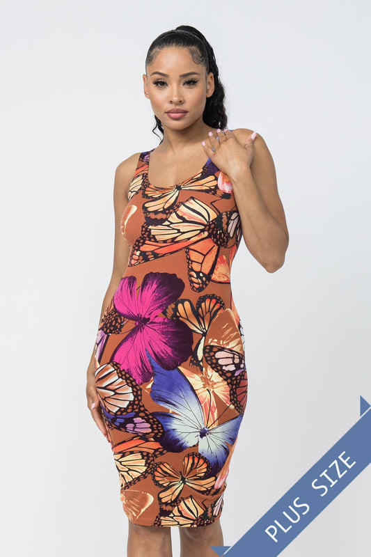 Plus Size Brushed DTY Butterfly Print Bodycon Midi Dress