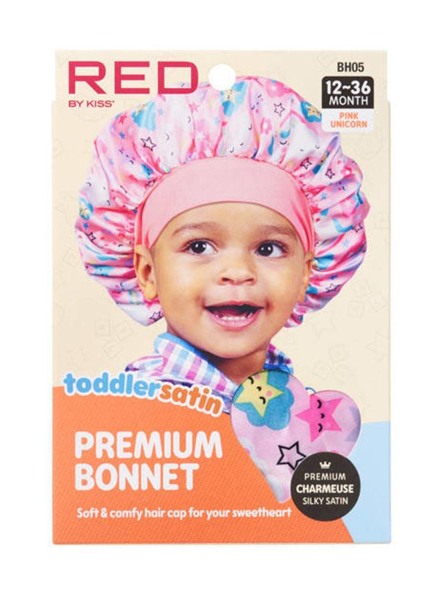 RED TODDLER SATIN BONNET - PINK UNICORN