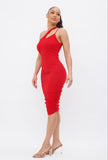 One Shoulder Front Cut Out Side Ruched Midi Dress