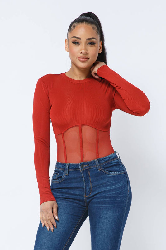 Rib Mesh Contrast Binding Long Sleeve Bodysuit