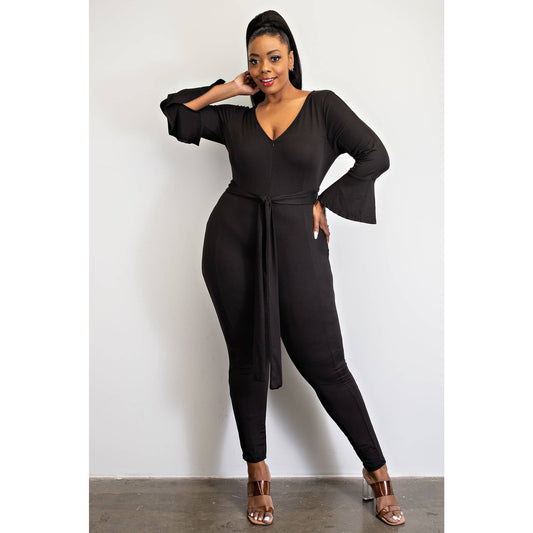 Plus Size Zip Front Bell Sleeve Jumpsuit