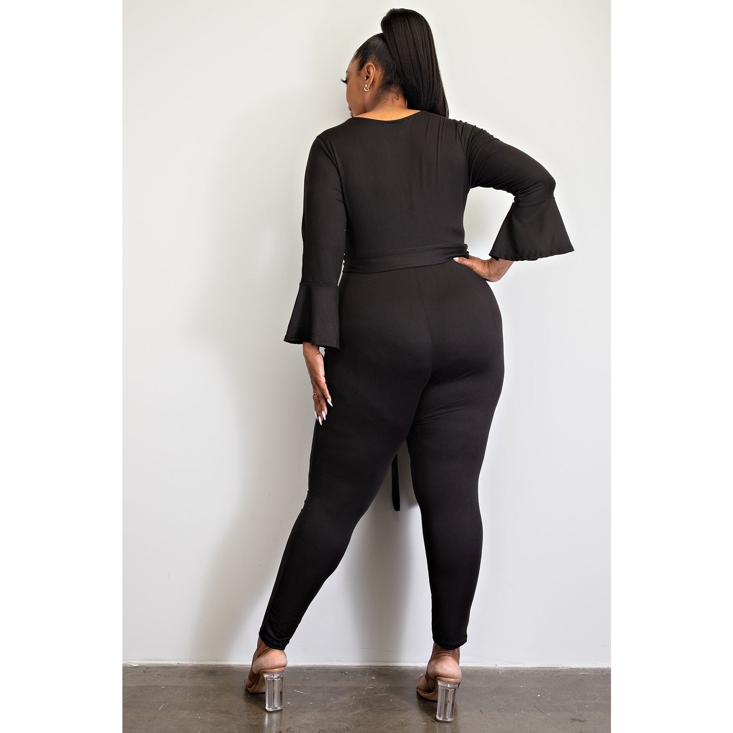 Plus Size Zip Front Bell Sleeve Jumpsuit