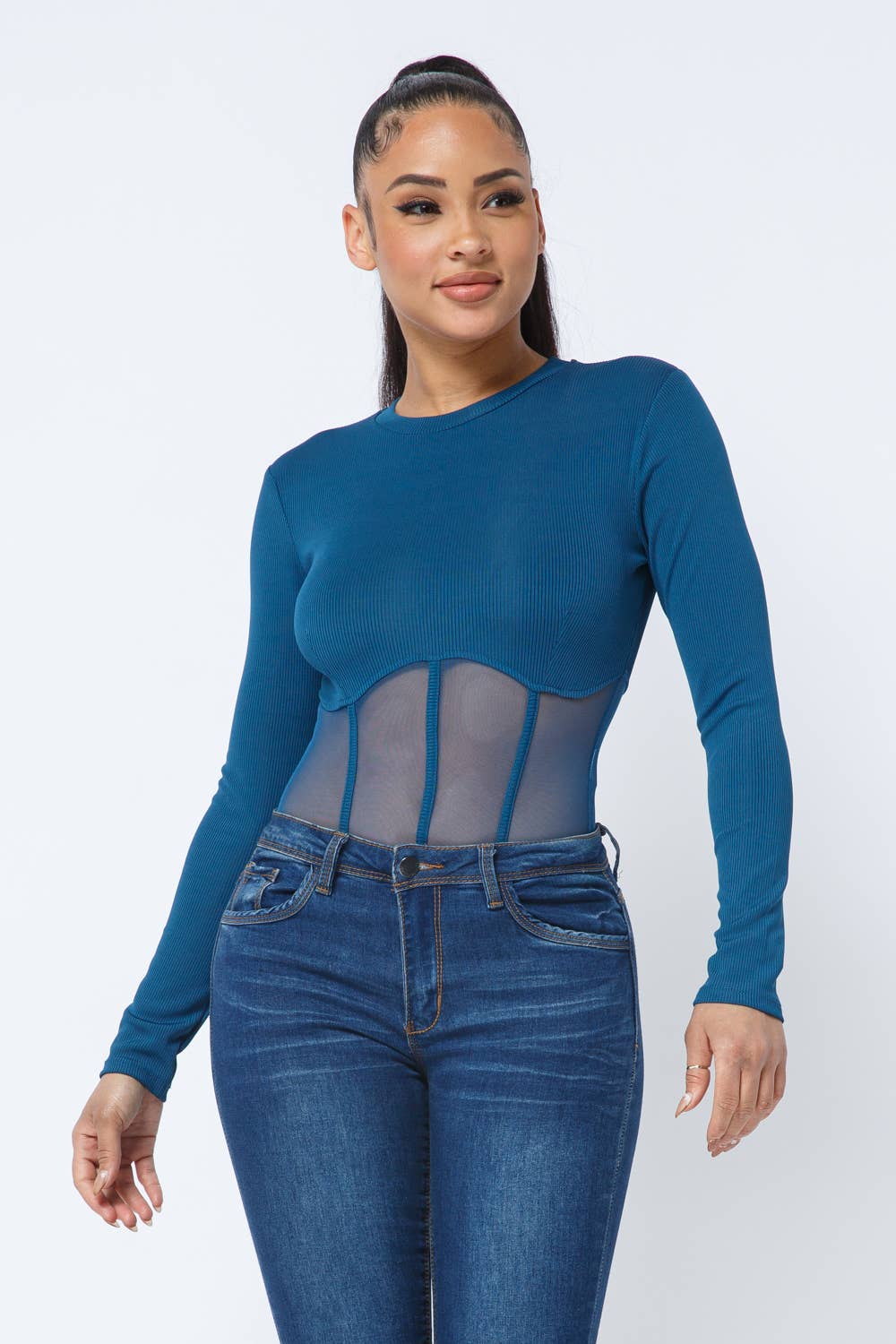 Rib Mesh Contrast Binding Long Sleeve Bodysuit