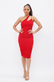 One Shoulder Front Cut Out Side Ruched Midi Dress