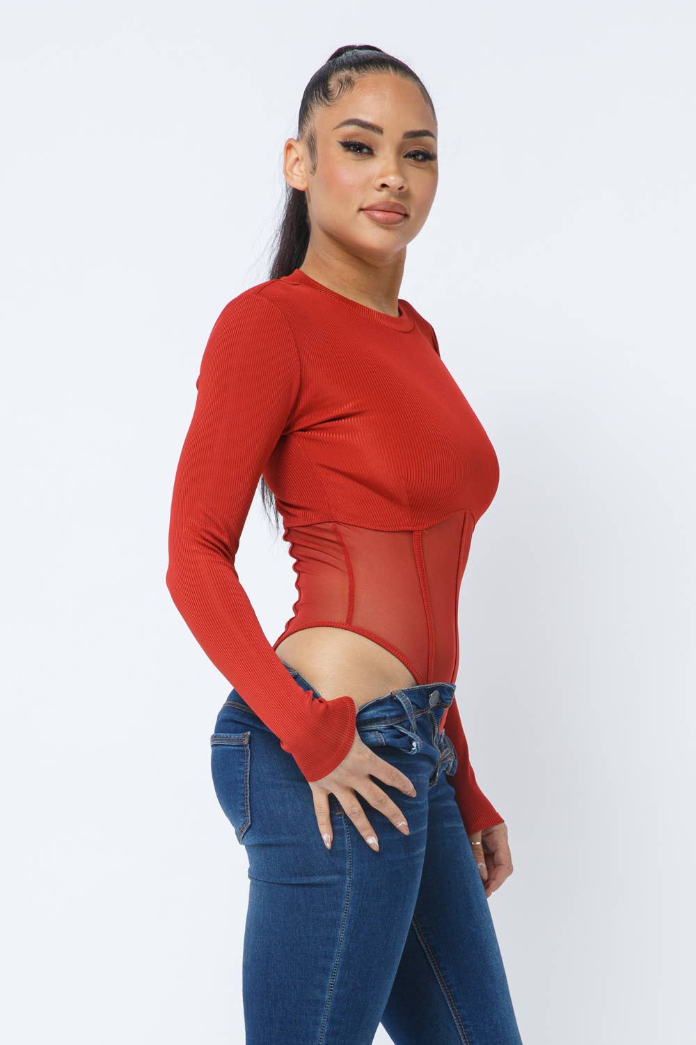 Rib Mesh Contrast Binding Long Sleeve Bodysuit