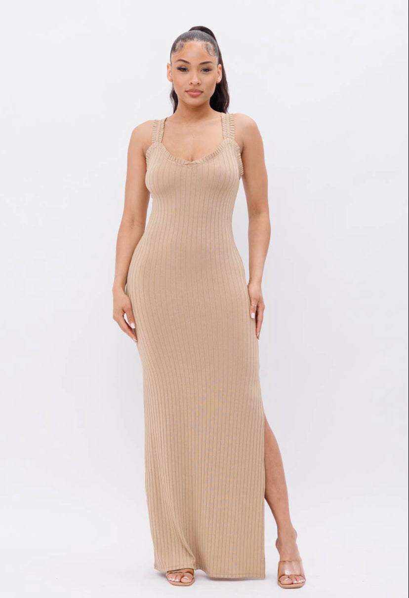 Front Merrow Stitch Ruffle Detail Side Slit Maxi Dress