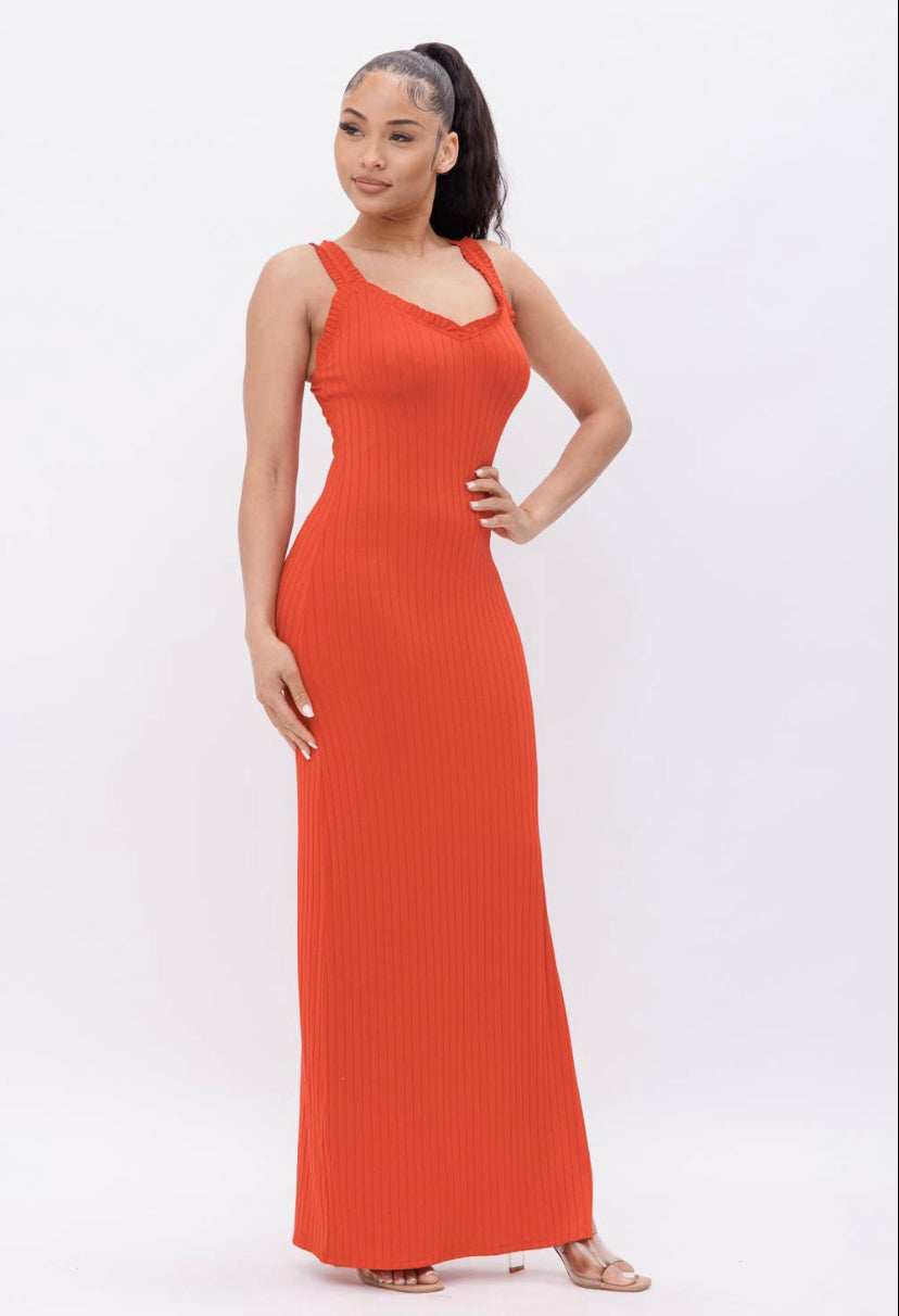 Front Merrow Stitch Ruffle Detail Side Slit Maxi Dress