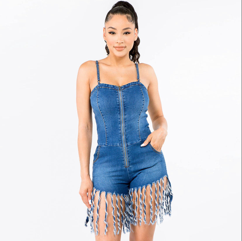 SHORT DENIM ROMPER WITH FRINGES-AJR20370